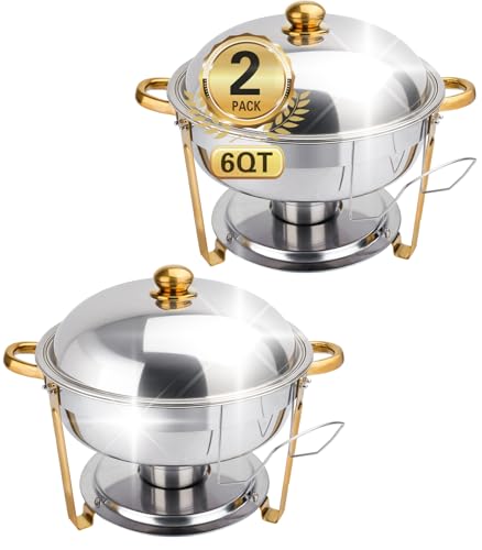 Beviliu 6.8 Litre Chafing Dish Buffet Set, 2 Pack 6QT Round Chafing Dishes & Food Warmers, Gold Chafing Dishe for Buffet, Stainless Steel Chafer for Catering Lid & Lid Holder, Food Warmers for Partie