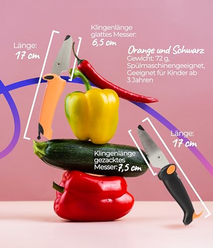 Kuhn Rikon Kindermesser Set ab 3 Jahren, Kinder-Küchenmesser zum Schneiden von Obst und Gemüse, Kinder-Schneidemesser, Kinderküche Zubehör, Edelstahl, Schwarz & Orange