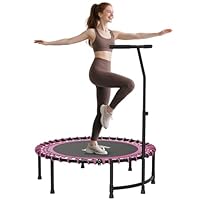 HOMCOM 45\" Fitness Trampoline with Adjustable Handle, Folding Rebounder Trampoline Mini Jumper for Indoor Exercise Workout, Support Up to 150kg, Pink