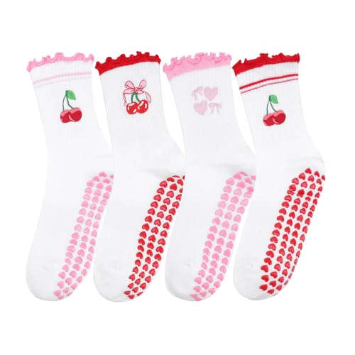 Utensilsto 4 Paar Pilates Socken Damen,Süßen Yoga Rutschfeste Grip Socken mit Herz Noppen Niedlich Reformer Stoppersocken Anti Rüschen Socken für Ballett Tanzen Trampolin