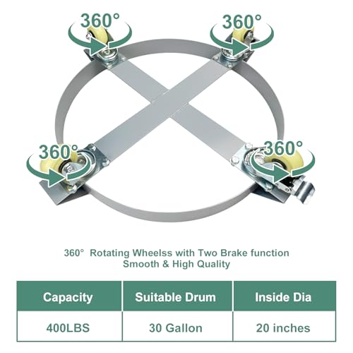 Image of 30 Gallon Drum Dolly, 400lbs Load Capacity 30 Gallon Barrel Dolly Cart Drum Caddy with 4 Swivel Casters Wheel, Non Tipping Hand Truck Capacity Dollies for Warehouse Drum Handling (Silver Gray)