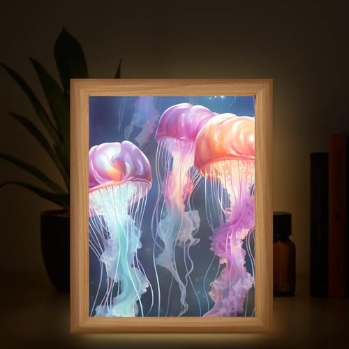 Light Up Painting, Watercolor Jellyfish Wall Art Picture Light Glowing Jellyfish Light Up Art Frame, 10 Brightness USB Powered 3 Lighting Modes, Relief Gift for Bedroom Home-Without Acrylic Panel