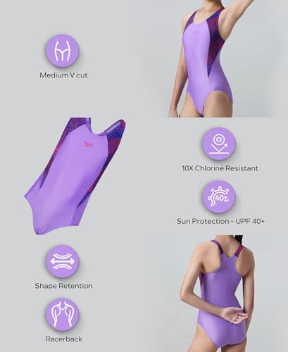 Image of Speedo Girl's Endurabrite Splice Print Racerback V-Cut One Piece Swimsuit | Swimming Costume for Girls | Shape Retention Fabric | UPF 40+ Sun Protection | Chlorine Resistance