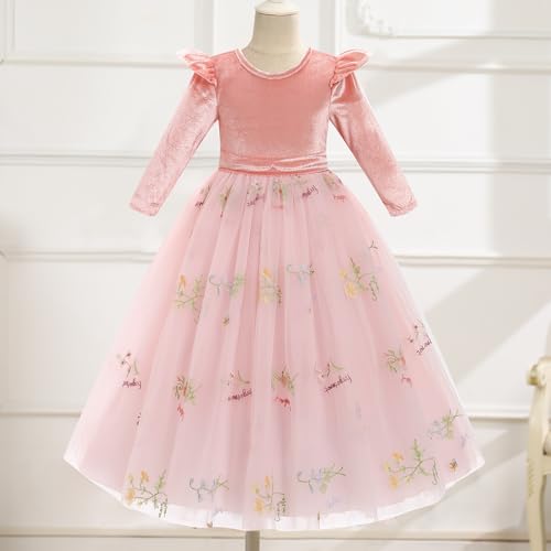 IMEKIS Toddler Kid Girl Velvet Dress Embroidered Floral Tulle Christmas Pageant Party Fall Winter Wedding Dress 3-12T3