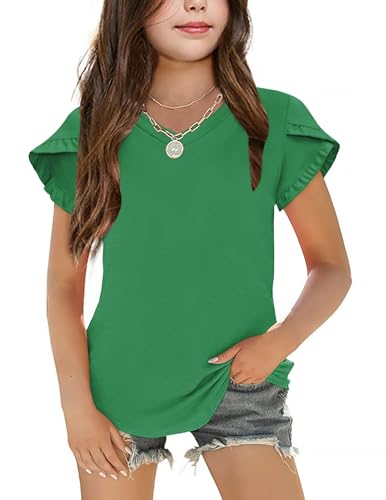 Arshiner Girls T Shirts Double Layer Ruffle Short Sleeve Casual V Neck Kids Summer Tops Blouse Tee