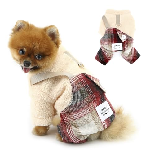 PAIDEFUL 犬服 小型犬 フリース ジャンプスーツ 防寒着 冬用 厚手 暖かいコート 防風 おしゃれ チェック柄 サロペット つなぎ ドッグウェア 子犬 ネコ服 Dリング付き チワワ ヨーキー ペット服人気 洋服 散歩,レッド,XXL