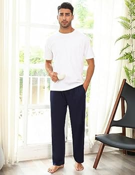 Marvmys 100% katoenen heren lange pyjamabroek, effen kleur, slaapbroek, huisbroek, vrijetijdsbroek, yogabroek met riem en zakken, donkergrijs, L