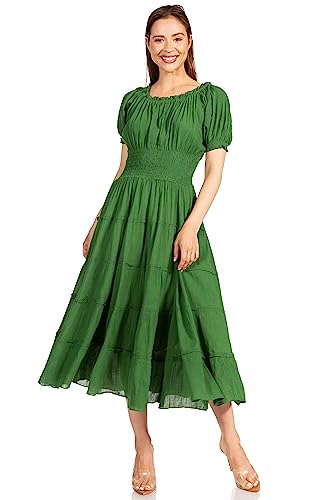 Image of Sakkas Cotton Crepe Smocked Peasant Gypsy Boho Renaissance Mid Length Dress