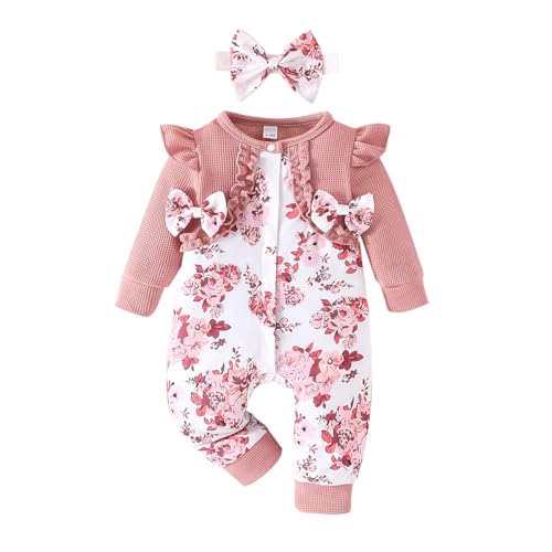 Image of Similotey Baby Girl Romper Floral Print with Bow Long Sleeve Baby Girl One Piece Outfit, Pink, 18-24 Months