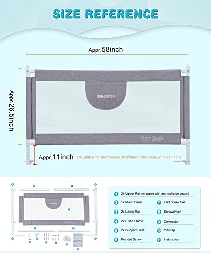 Mbqmbss 58'' Bed Guard Rail For Toddlers, Toddler Bed Rail - Fit For Wide Side Of Queen Bed, Baby Bed Rail Guard, Bed Rails For Kids With Double Safety Lock & Extra Y-Shaped Reinforcement Strap #TOP1