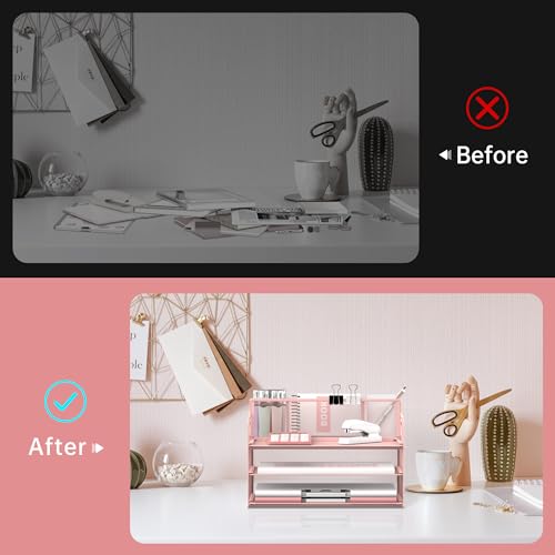 SUPEASY 3 Tier Desk Organizer with Handle & 3 Pen Holders, Mesh Paper/File Organizer for Desk, Paper Letter Tray Organizer for Office Supplies (Pink) image 2