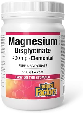 Natural Factors Magnesium Bisglycinate 400 mg, HIGH POTENCY, 230 g = 48 Day Supply, Easy on the Stomach, Helps Maintain Proper Muscle Function, Magnesium Glycinate, Proudly Canadian