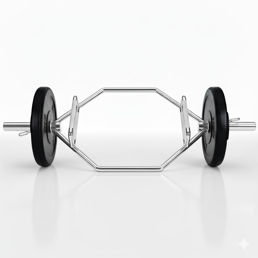 Barra Hexagonal Cromada para Peso Muerto - Trap Bar de 1,42m con Agarre Antideslizante y Pivotes de 50mm para Discos Olímpicos - Ideal para Ejercicio Equilibrado de Zona Lumbar y Rodillas
