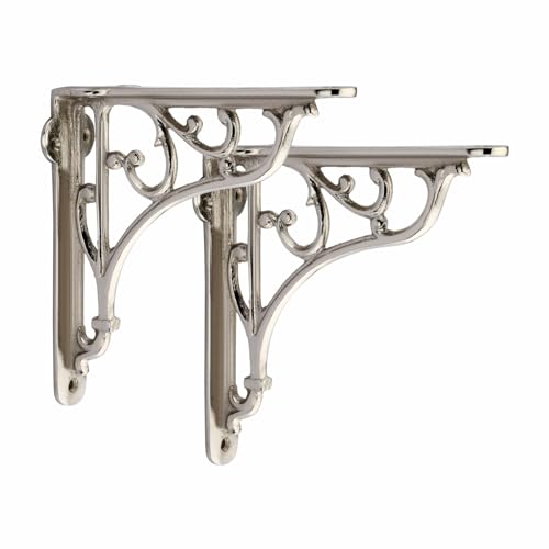 Image of GHAR DWAR Metal Handcrafted Shelf Bracket for Floating Shelves L Angle Decorative L Shaped Corner Brace Joint Heavy Duty Wall Mounted Shelf Supporter Brace Holder (Silver, Pack of 2)