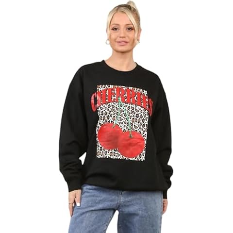 Janisramone® Women's Sweatshirts Cherry Leopard Print, Oversized Baggy Jumpers, Printed Long Sleeve Pullover Tops Women Cover
