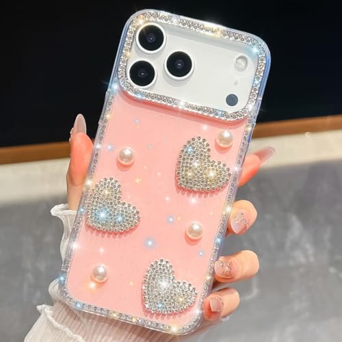 Coque iPhone 14 Pro cœur 3D strass perles paillettes rose