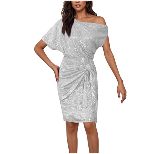 Zeiayuas Pailettenkleid FüR Damen Sexy Slope Schulter Glitzerkleid Elegant Knielang Partykleid Schulterfreies Glitzer Wickelkleid Modisch Vintage...