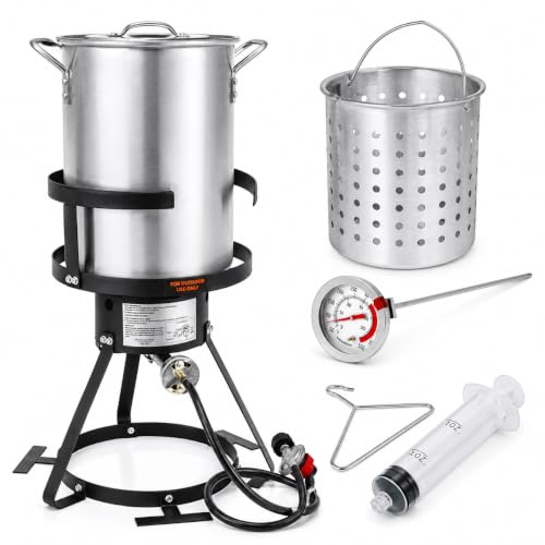 Barton 30 Qt Turkey Fryer & Seafood Boiler Kit, 37,000 BTU Propane Outdoor Deep Fryer Fish Fry Pot, Steamer Basket, Lid, Burner Stand, Regulator & Marinade Injector for Crawfish, Clam & Cajun Boils