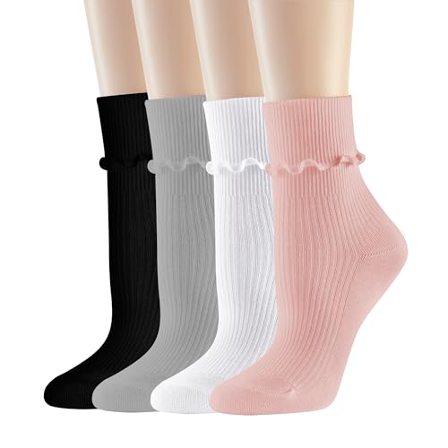 Image of UTTPLL Womens Cotton Crew Socks Ruffle Turn-Cuff Fashion Princess Lettuce Ankle Socks Athletic Thin Gift Dress Socks