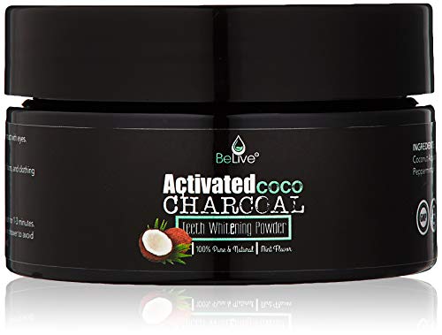BeLive Activated Coco Charcoal Teeth Whitening Powder - 100% Natural and Organic, No Sensitivity Formula - Mint Flavor, 2.8 Oz.
