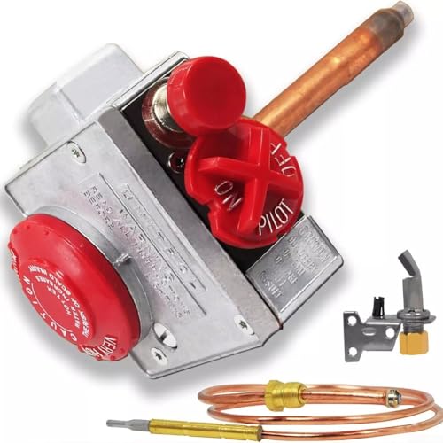 Desiumite 110326 - Calentador de gas natural de metal con regulador de presión invertido 35, termostato 45000, flujo de válvula de 71.1 °C, ajuste de agua