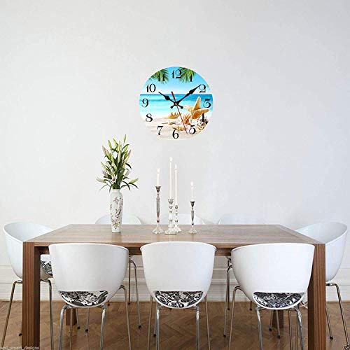 AMZBSR Silent Non-Ticking Wooden Decorative Round Wall Clock Quality Quartz Battery Operated Wall Clocks Vintage Country Style Home Decor Round Wall Clock(10 Inch, Blue Sea Beach Starfish) - Image 3