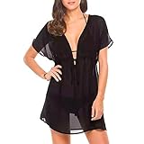 Damen-Badeanzug für den Sommer, sexy, Strand, Bikini, Outfit, Tunika, V-Ausschnitt, einfarbig, Schwarz