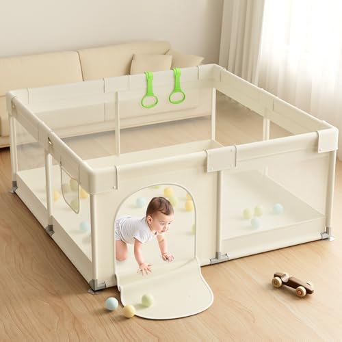 Julrrimg Laufstall Baby - 120x120 cm Laufgitter Baby mit Atmungsaktivem Netz & 2 Griffen, Beige