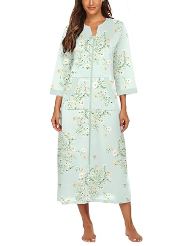 Image of Ekouaer Women Zipper Robe 3 /4 Sleeves Loungewear Dress Full Length Sleepwear Pockets Housecoat Nightgown Long Bathrobe