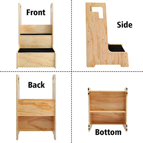 KINGSO Kitchen Helper Stool for Kids, Toddler Step Stool, Wood Step Stool with Support Handles and Non-Slip Mat, Two Step Counter Height Kids Step Stool, Natural