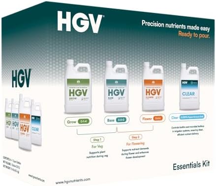 HGV Liquid Essentials Kit &ndash; Complete 4-Quart Plant Nutrient Starter Pack &ndash; Professional Base, Grow, Flower & Clear Formulas &ndash; All-in-One Hydroponic & Soil Fertilizer System for Hobby Growers