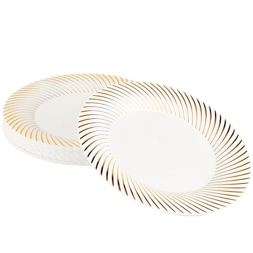 MATANA 20 Premium White Plastic Dinner Plates with Gold Rim, 25cm / 9.8 Inch - Elegant & Reusable Party Plates for Weddings, Birthdays, Picnic, BBQ, Parties