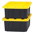 HOMZ 2-Pack Durabilt, Heavy Duty Plastic Storage Bins with Lids, 15 Gallon, Black/Yellow - Stackable Container Boxes for Home, Attic, and Garage Organization