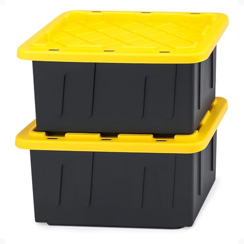 HOMZ 2-Pack Durabilt, Heavy Duty Plastic Storage Bins with Lids, 15 Gallon, Black/Yellow - Stackable...