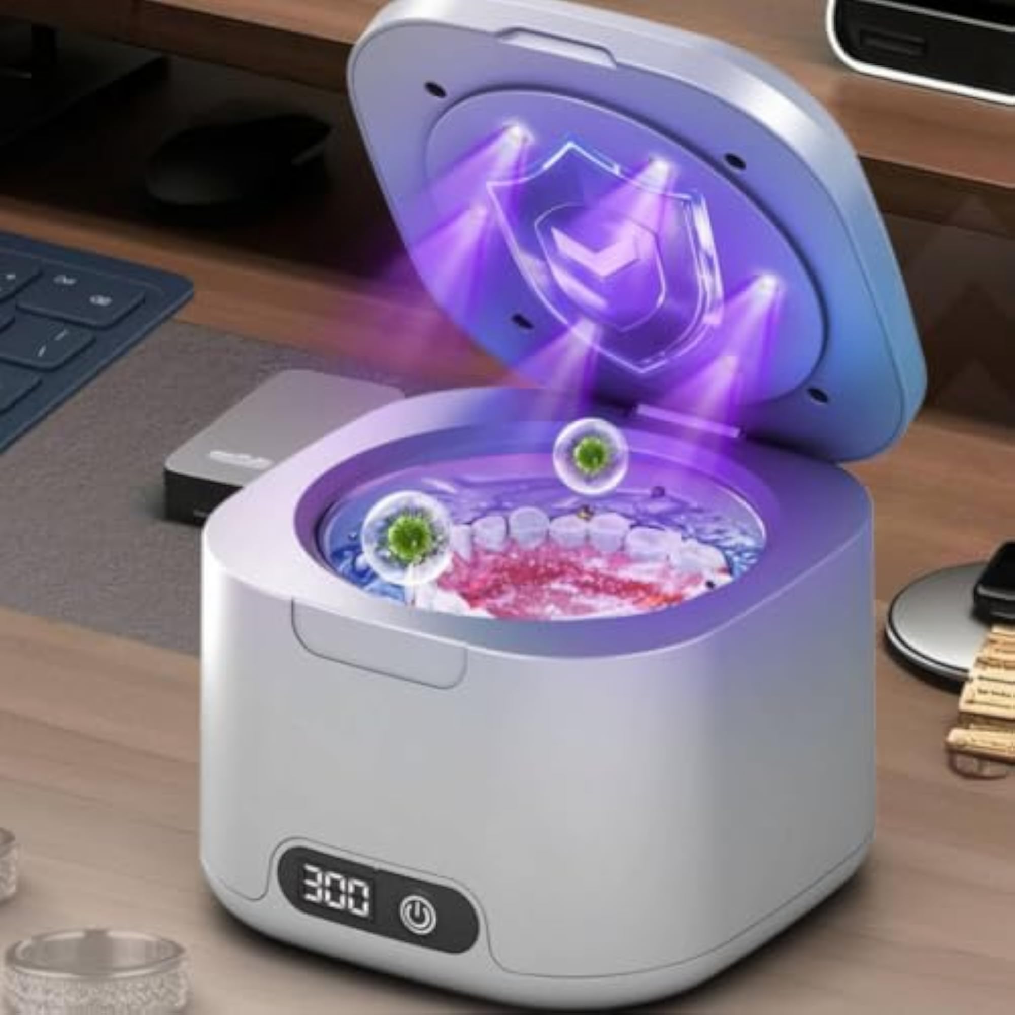 Compact Acoustic Jewelry Cleaner with Lamp