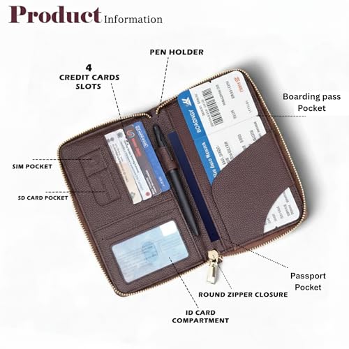 Image of Mensch Faux Leather Travel Passport Holder, RFID Blocking Premium Travel Document Organiser with Secure Zipper Closure Passport Cover & Travel Accessories for Men & Women (D.Brown)