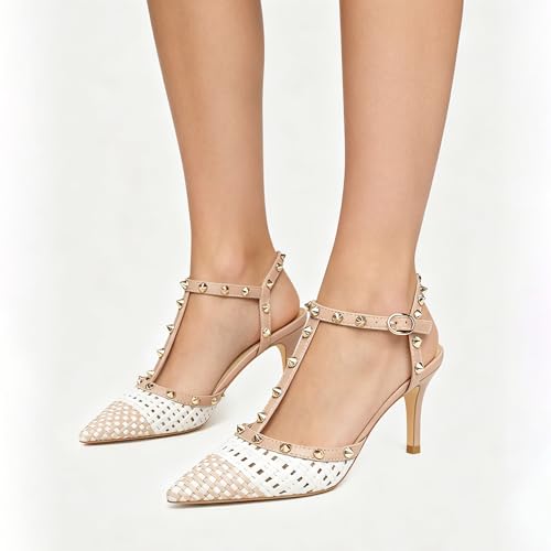 Image of XINIUNIU Studded Heels for Women Kitten Heels with Studs Stiletto Sandals with Rivet Ankle Strap Patent Leather Pointy Toe 2.5 Inch Party Daily Wear Evening Sandals