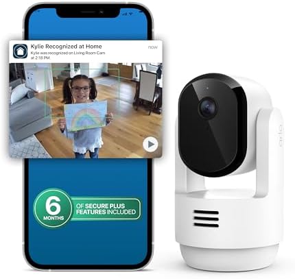 Arlo Essential Indoor Pan Tilt Security Camera 2K (2025 Release) + 6 Months of Secure Plus Plan – Wired Plug-in Power, Person Recognition, Animal Detection, Auto Motion Tracking, 1 Cam, White