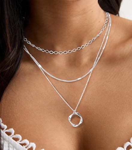 Gold Silver Layered Necklaces for Women Trendy, Dainty 925 Sterling Silver Chain Necklace Stack for Women Layering Circle Pendant Choker Necklaces Set Non Tarnish Jewelry Gifts for Teens4