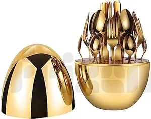Frixen 24 Piece Luxury Cutlery Set with Egg Shell Shape Box, Stainless Steel Fourchettes Include Knives/Forks/Spoons/Coffee Spoons/Chopsticks for Home Kitchen Hotel and Restaurant (Gold)