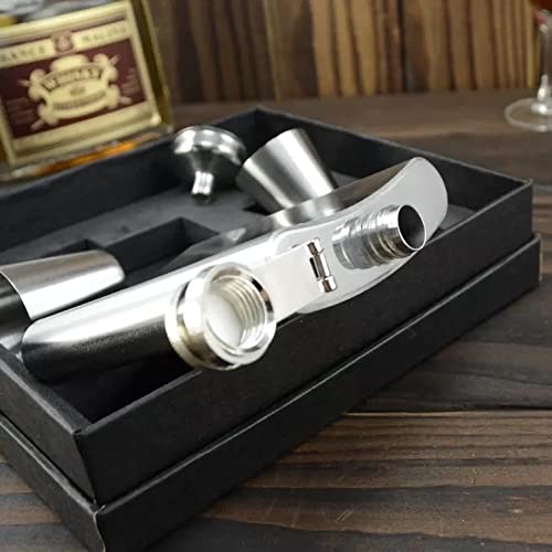 Image of AUGEN Hip Flask Stainless Steel Leak Proof Jim Silver Beam Leather Stiched 7oz (210ml) Liquor Pocket Flasks or Alcoholic Beverage Holder Set with Two Shot Glasses and Funnel Gift Set