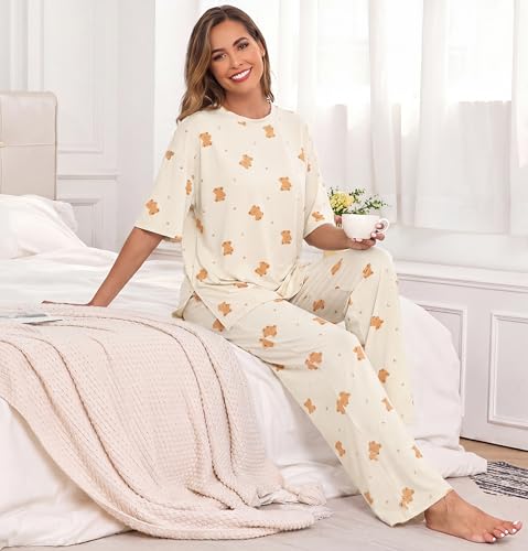 Image of PrinStory Womens Pajamas Sets 2 Piece Lounge Set Short Sleeve Tops and Long Pants Soft Pjs Loungewear with Pockets