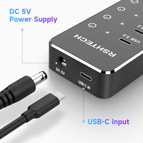 Image of RSHTECH 7-Port Powered USB 3.2 /USB C Hub with 10Gbps USB-A 3.2, 2 USB-C 3.2, 4 USB 3.0 Ports, Individual Touch Switches, 3.3ft Cable and 5V Power Adapter, USB Hub Splitter for Laptop /PC, RSH-ST07C