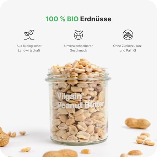 Vilgain BIO Erdnussbutter 1kg – 100% natürlich, ohne Zucker & Palmöl, vegan, crunchy, reich an Eiweiß & Vitaminen, Bio-Qualität, ideal für Brotaufstriche, gesunde Rezepte & Snacks (1000g, Knusprige)