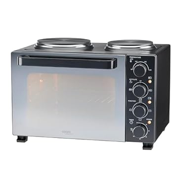 Cooks Professional Mini Portable Oven with Hobs | Energy Efficient Electric Countertop Cooker with Two Hot Plate Hobs & Wire Rack Baking Tray | Kitchen Grill Ovens | 28L Capacity | Black Contemporary