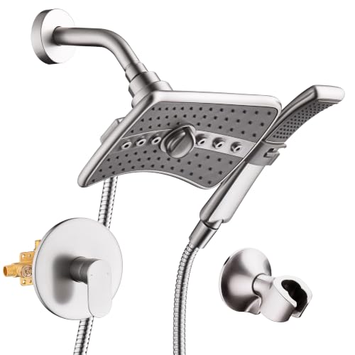 Image of BRIGHT SHOWERS Dual Shower Head System with Handheld and Rainfall Shower, Shower Faucet Set with Valve and Trim Kit, Includes 79-Inch Stainless Steel Hose, Brushed Nickel