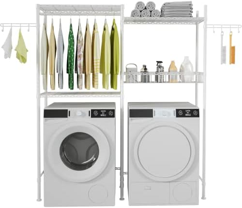 Ulif Clothes Drying Rack, Over Washer and Dryer Laundry Room Storage Shelf, Bathroom Towel Rack Space Saver with Adjustable Shelves, Wire Basket, and Rotatable Hooks, 63.4"L x 13.4"D x 76.7"H, White