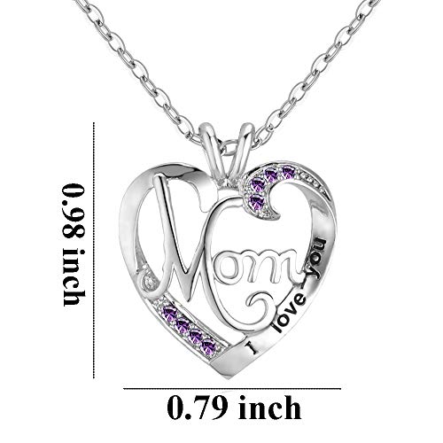 UEUC Mother's Birthday Necklace I Love You Mom Rhinestones S925 Sterling Silver Heart Pendant - Image 3