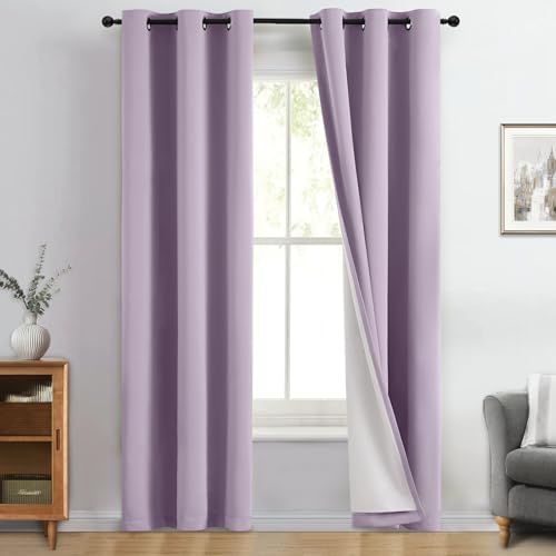 Image of Yakamok Lilac 100% Blackout Curtains 96 Inches Long for Bedroom 50 inch Wide | Blackout Curtain Panels for Bedroom, 2 Thick Layers Grommet Top Thermal Insulated Drapes with White Back for Living Room