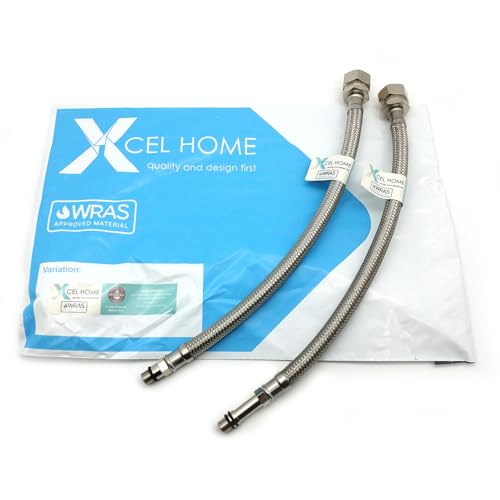 Xcel Home 2 x M12 x 15mm WRAS Approved Compression Flexible Tap Connectors 300mm Braided Hose Pipe for Kitchen Sink & Bathroom Basin Monobloc Mixer Tap Replacement